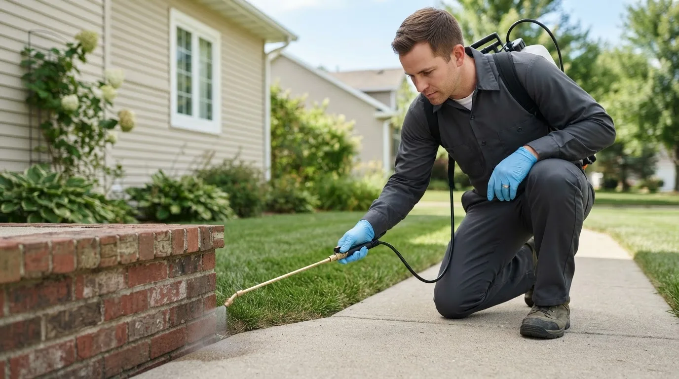 Pest control technician treating a home near Liberal, MO